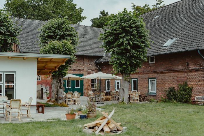 Innenhof der Stadtfarm mit Feuerstelle und Backsteingebäuden bei Tag